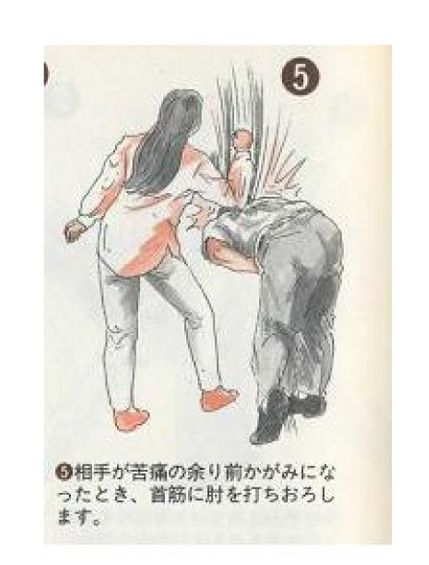 痴漢撃退法：5.相手が苦痛の余り前かがみになったとき、首筋に肘を打ちおろします。